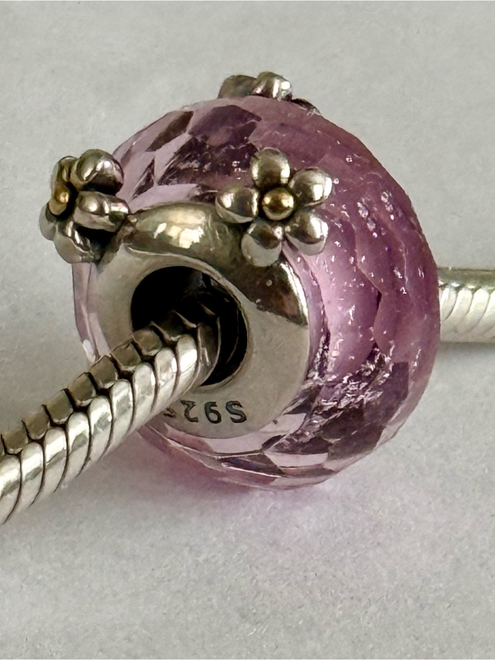 Pink Floral faceted Murano Glass Charm fit Pandora bracelets